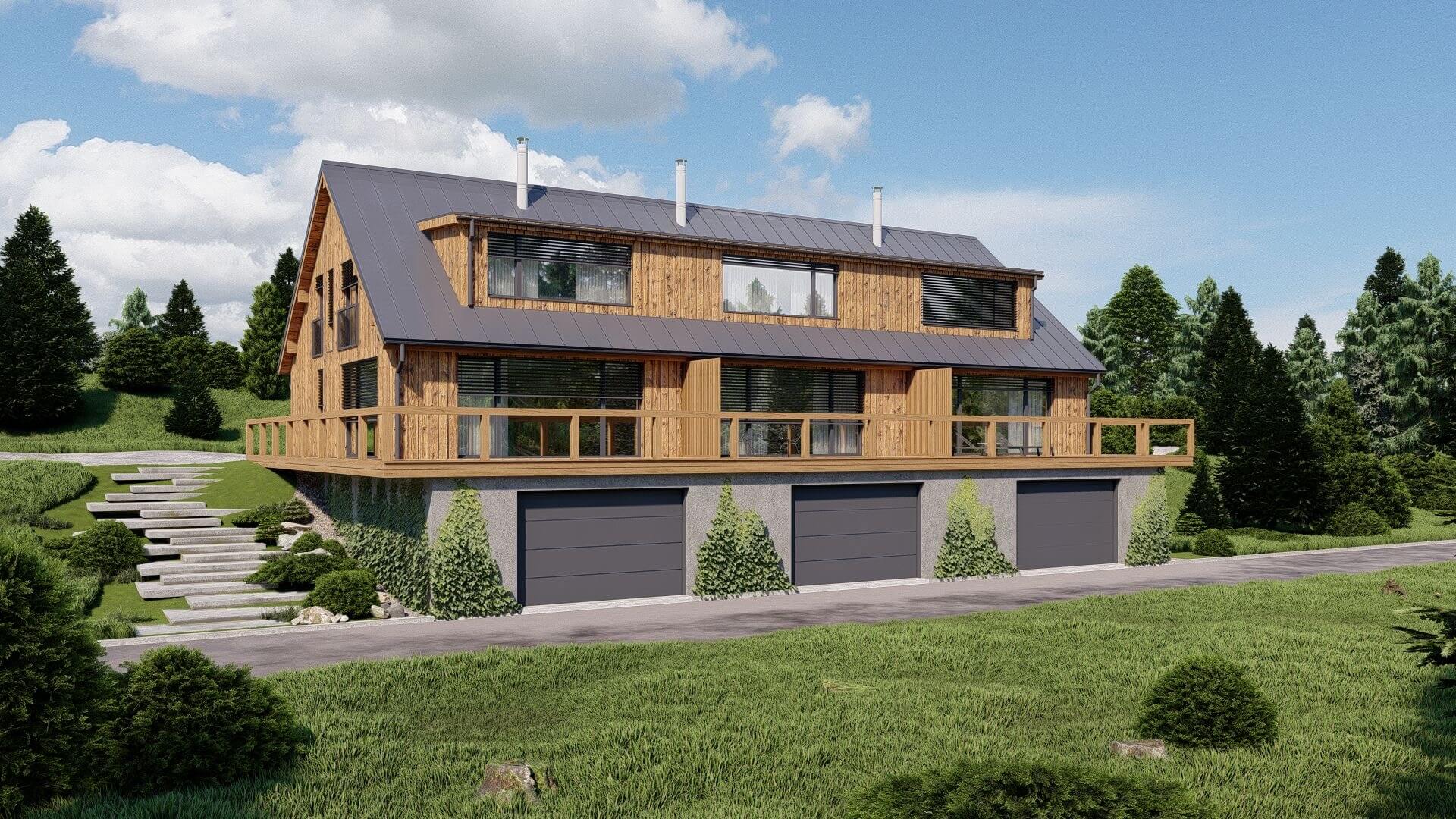 Apartmánový projekt Horní Lipová – dřevěná fasáda s terasou a garážemi
